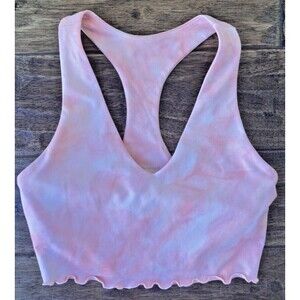 Carbon38 Women's Sports Bra Small Pink Tie Dye Ruffle Hem V neck Racerback